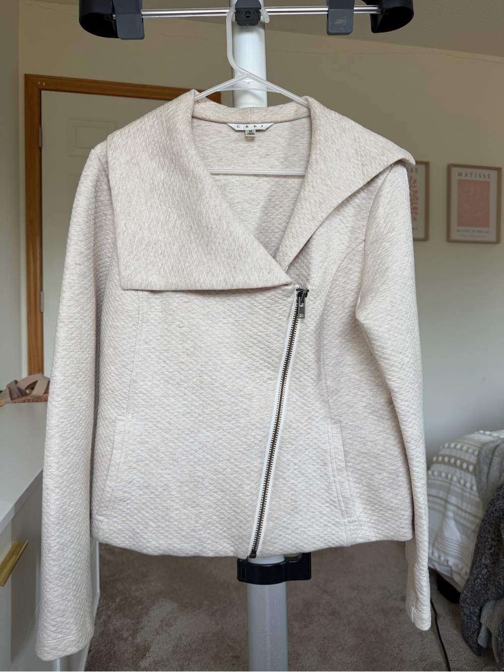 CAbi Cream Textured Asymmetrical Zip Moto Jacket
